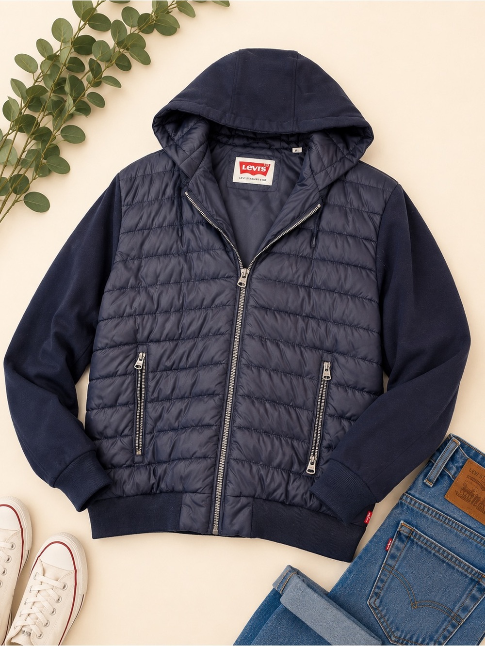 Levi’s Men’s XL Navy Quilted Hooded Mixed Media Jacket